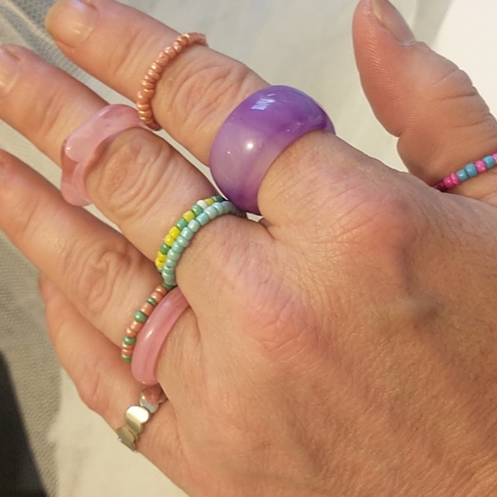 9 Piece Acrylic, Beaded, and Silver Ring Set!